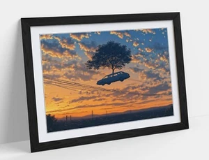 FLOATING CAR AND TREE SUNSET BACKGROUND -FRAMED WALL ART POSTER PAPER PRINT - Picture 1 of 10