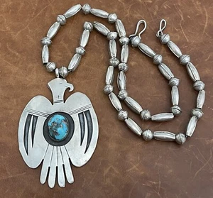 Vintage Navajo Turquoise Thunderbird Pendant 925 Silver Melon, Bead Necklace 24” - Picture 1 of 12