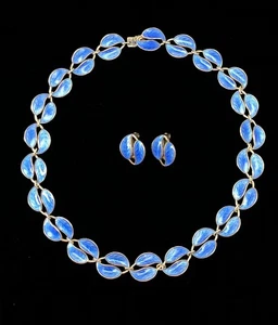 Vintage David Anderson Sterling Silver Blue Enamel Leaf Necklace And Earrings - Picture 1 of 10