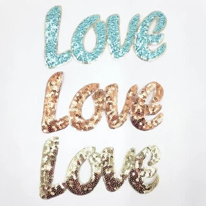 Pailletten Liebeswort Aufnäher blau, rosa und gold - Versand aus USA - Bild 1 von 4