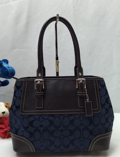 Borsa a tracolla Coach Signature blu tela bordo pelle doppio manico