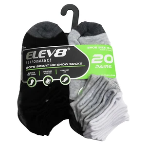 ELEV8 Boys Sport No Show Socks 20 Pairs Size 4–10 Black White Gray Moisture Wick - Picture 1 of 4