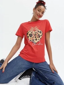New Look - Red Leopard Print Heart And Bow Logo Xmas Top - Size 16 - Picture 1 of 5