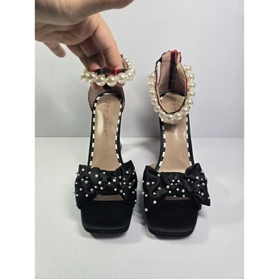 Betsey Johnson Bow Pearl Embellished Ankle Strap Heels Party Shoes SZ 10 - Image 1 of 4