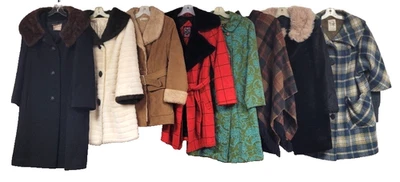 WOMENS LOT OF 8 VINTAGE COATS 50s 60s WOOL PLAID FUR MOD MAD MEN TAPESTRY S-XL - Image 1 of 4