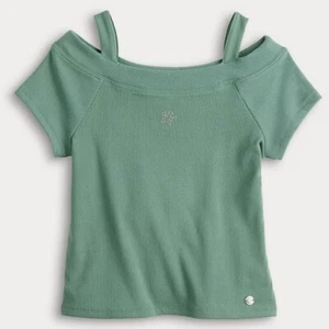 Limited Too Girls Cold Shoulder Bling Flower Ribbed T-Shirt Top Green M 10 NWT - Picture 1 of 9