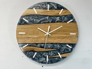 English Oak Wall Clock With Metallic Blue Pearlescent Resin - Picture 1 of 9