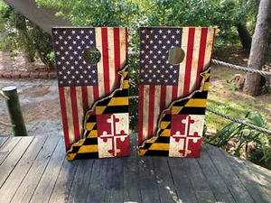 WATERPROOF & FADEPROOF Cornhole Board Wraps / USA Flag & Maryland Flag - Picture 1 of 3