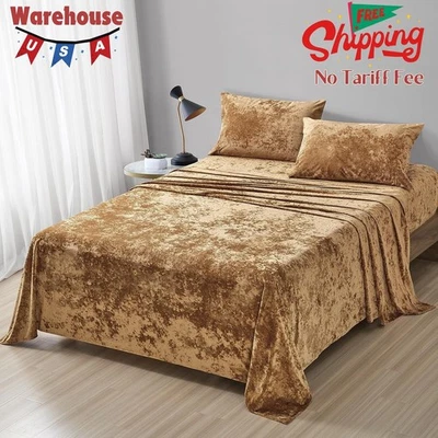 Distressed Velvet Sheet Set, 4 Pieces Caramel Gold King, Ultra Soft, Warm - Image 1 of 4