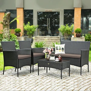 4PCS Patio Wicker Furniture Set Coffee Table Cushions w/Grey & Off White Cover - Picture 1 of 6