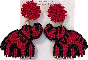 Earrings Elephants University of Alabama Red Black Seed Bead Roll Tide Football - Picture 1 of 10