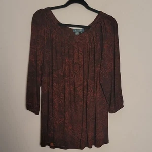 Blusa plissettata Lauren RL marrone paisley collo barca taglia 2X - Foto 1 di 6