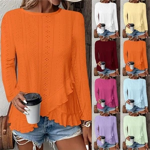 New Womens Summer Long Sleeve Tops Blouse Hollow T-shirt Holiday Pullover Tee UK - Picture 1 of 14