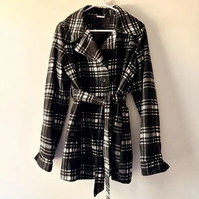 Chaqueta Abrigo Joujou Para Mujer Grande Negro Blanco A Cuadros con Cinturón Mantón Cuello Y2K Foto 1 de 4