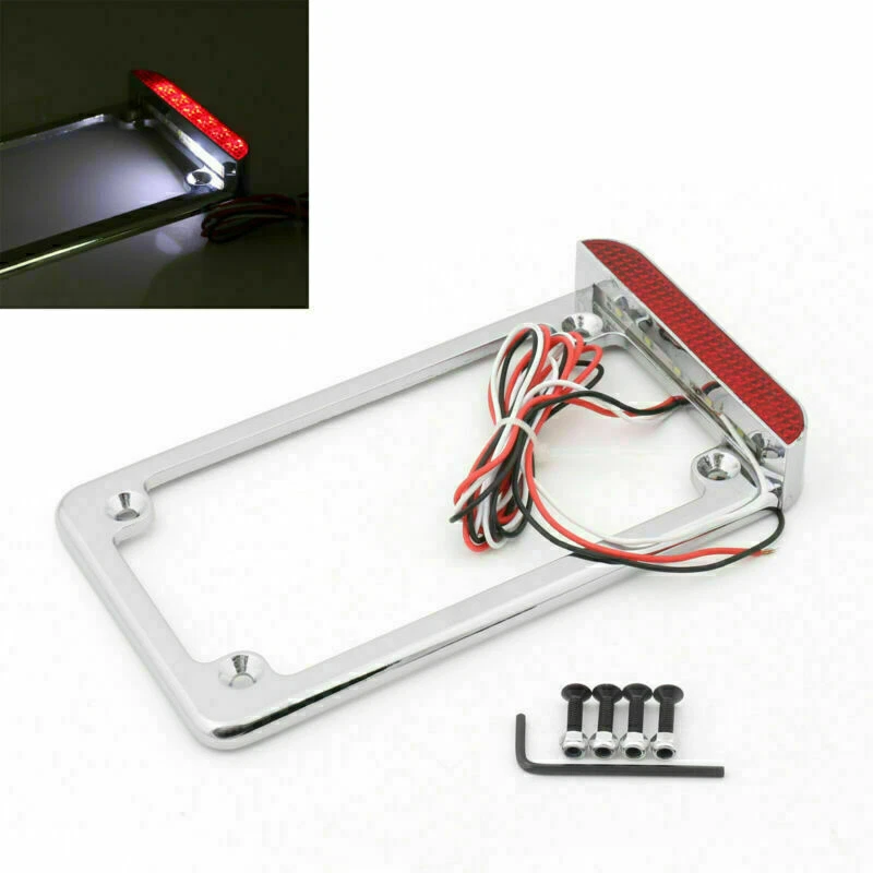 Universal Motorcycle 3" LED License Plate Frame With LED Tail Brake Light Chrome Foto 1 de 4