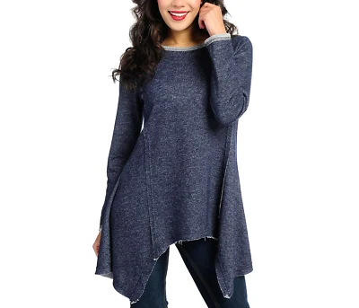 NEW OSO Casuals French Terry Knit Long Sleeve Raw Edge Hem Sharkbite Tunic - Image 1 of 4