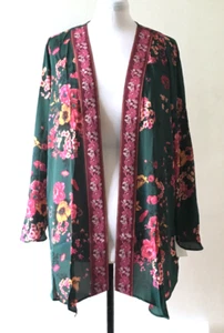 Pioneer Womens Kimono XXL/XXXL Green Pink Floral Open Cardigan Coverup Lagenlook - Picture 1 of 18