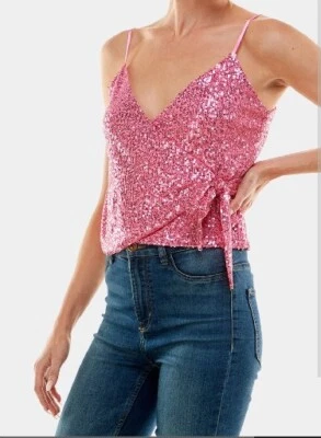 Camiseta sin mangas Lily Star rosa lentejuelas con corbata lateral brillante talla mediana  Foto 1 de 4