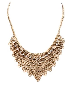 Matte Gold Tone Sparkly White Rhinestones Accented Chainmail Bib Necklace 22" - Picture 1 of 24