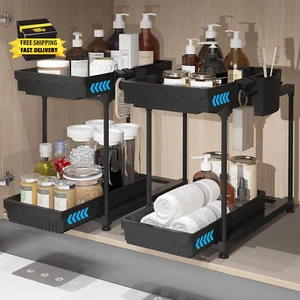 2 Pack Double Sliding under Sink Organizers and Storage, 2 Tier under Bathroom C - Picture 1 of 6
