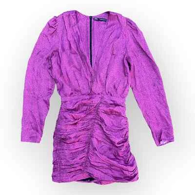 Zara Fuchsia Pink Polka Dot Satin Long Sleeve Ruched Mini Dress Size XS - Image 1 of 4