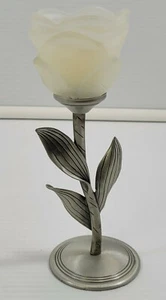 Silver Metal Bud Rose Candle Holder Frosted Glass 7-3/4" Tall - Picture 1 of 11