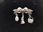 Easter Bunny Brooch Pin Bow Dangle Charms Rabbit Basket Egg Pewter