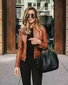 Women Tan Genuine Real Leather Jacket For women's Biker Jacket - Picture 1 of 6