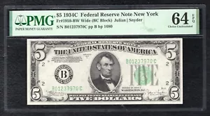 FR. 1959-BW 1934-C $5 WIDE FEDERAL RESERVE NOTE NEW YORK, NY PMG UNC-64EPQ (B) - Picture 1 of 2