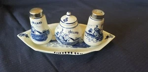 Delfter Gewürz Salz Pfefferstreuer Senftopf Tablett Set handbemalt Holland - Bild 1 von 7