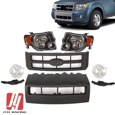 Fits 2008-2012 Ford Escape Front Grille&Headlights&Foglights&Bracket Black 8pcs - Image 1 of 4
