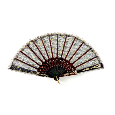 Folding Hand Fan Dark Amber Gold Trim Black Lace 17 Inch Span - Vintage - Image 1 of 4