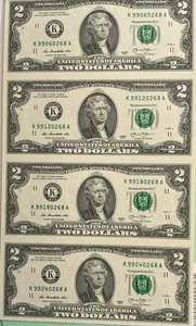 Series 2013 - Uncut Currency Sheet of Four(4) $2 Two Dollar Bills - Crisp, w/Env - Picture 1 of 5