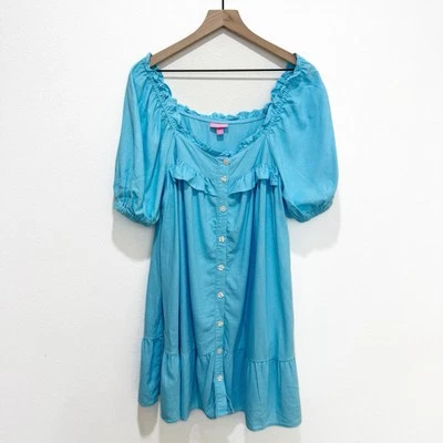 Vestido Babydoll Playa Mujer Mediano Azul Lino Tropical Boho Costero Verano Piscina Foto 1 de 4