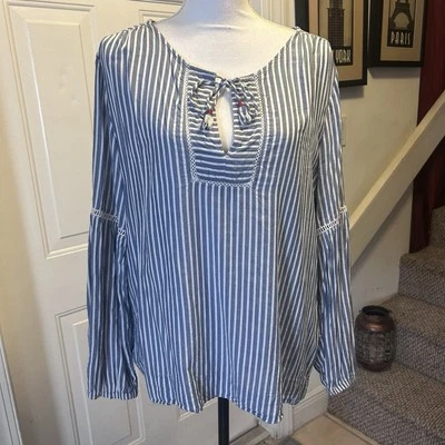 Топ Tommy Hilfiger синий белый в полоску с кисточками красный с цветочной вышивкой размер XL - Изображение 1 из 4