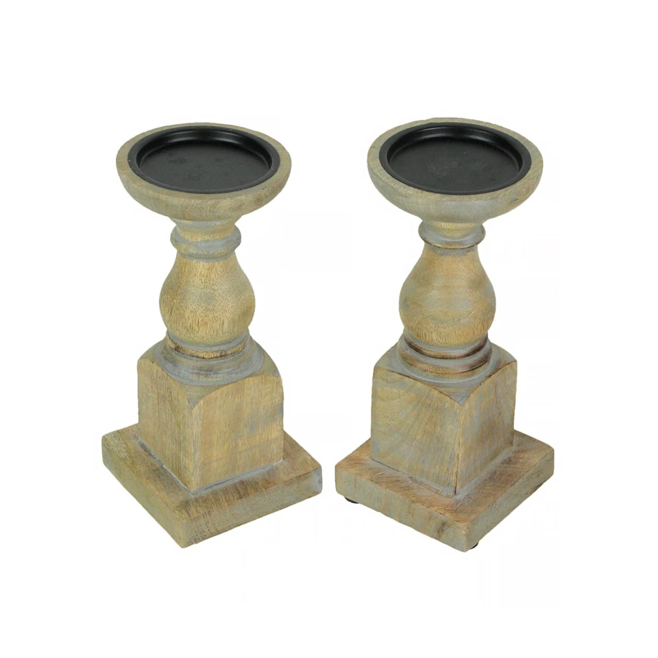 Set of 2 Wooden Pedestal Candle Holders Rustic Centerpiece Home Decor - Image 1 of 1