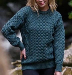 Aran Sweater Market XLarge Blackwatch Green Purple Knit Crew Neck 100% Wool NWT - Picture 1 of 4