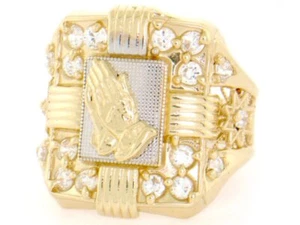 10k or 14k Two-Tone Solid Gold Praying Hand CZ Mens Ring - Picture 1 of 1