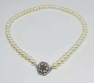 835 German Silver Red Ruby White Akoya Pearl Necklace 16.5” - Picture 1 of 12