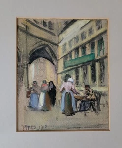 1910 Prewar Antique Gouache Painting Nieuwerk Annex Cloths Guild Ypres Belgium - Picture 1 of 11