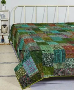 Vintage Silk Patchwork Kantha Quilt Blanket Bedspread Bedding Twin/Queen Throw - Picture 1 of 32