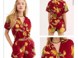 FREE PEOPLE Women Malibu Romper Sz M Maroon Short Sleeve Tropical Beachy Summer - Picture 1 of 12