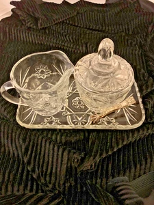 Vtg Pinwheel STAR of DAVID Sugar Bowl Lid Creamer Tray w/silver tongs - Picture 1 of 7
