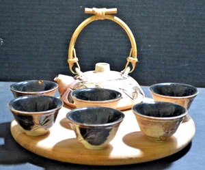 VTG Malaysia Handicraft 5" TENMOKU Pottery Studio Tea Sake Set - Picture 1 of 12