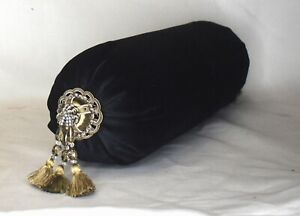 velvet bolster decorative throw pillow with beaded tassel fringe black white