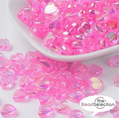 100 x 8mm  PINK ACRYLIC AB RAINBOW PEARL LUSTRE HEART BEADS ACR83 - Image 1 of 2