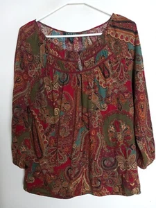 Ralph Lauren Top Mujer Grande Multicolor Paisley Llave Agujero Cuello en V Manga Larga - Imagen 1 de 4
