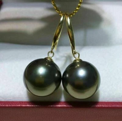 AAA jewelry real natural Tahitian 10-11mm black pearl earring 14kp yellow Gold - Image 1 of 4