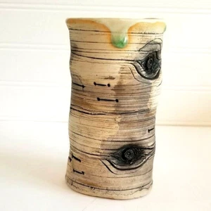 Pomme de Terre Pottery Ceramic Vase 5.5" Tall Birch Bark Wood Design - Picture 1 of 11