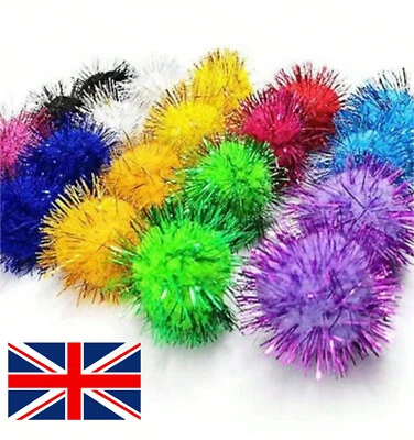 Glitter Tinsel Pom Poms Art, Craft, Xmas, Party, Wedding, Pompom Decoration - Image 1 of 4